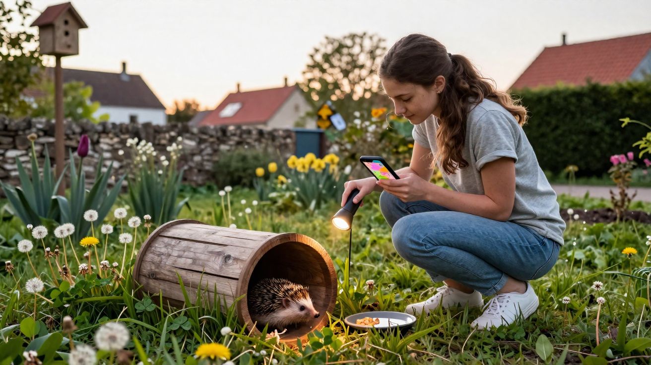 Jovem com lanterna e telemóvel observa um ouriço a sair de um tubo de madeira num jardim florido ao entardecer.