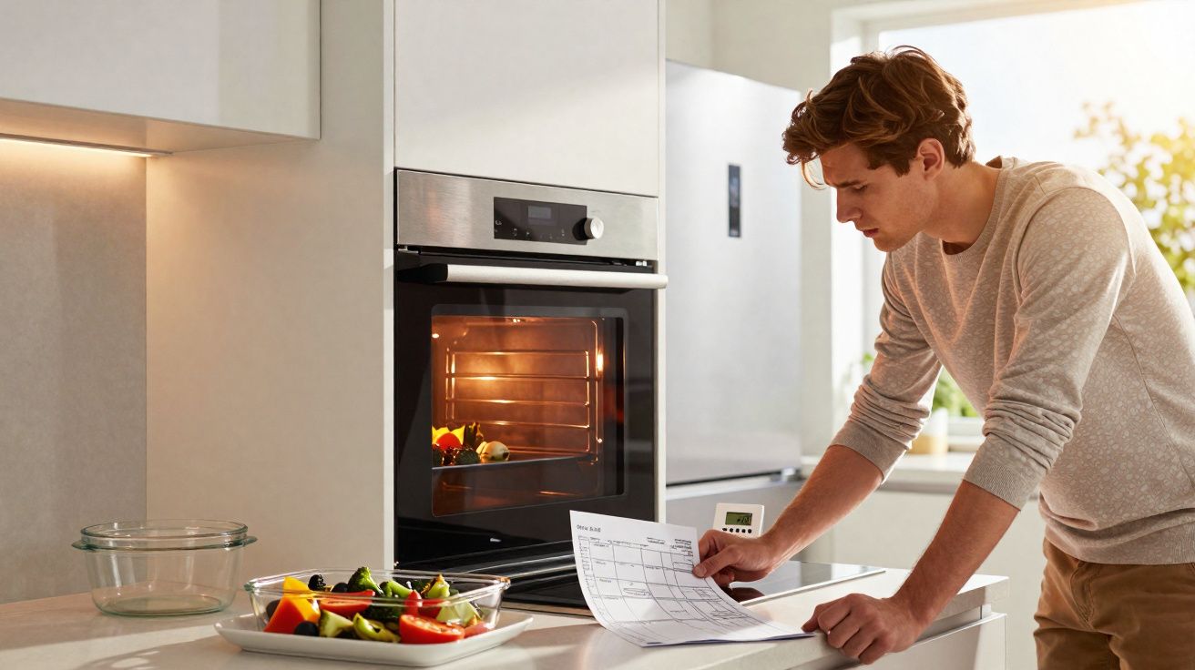 Homem a consultar receita enquanto o forno prepara legumes numa cozinha moderna.