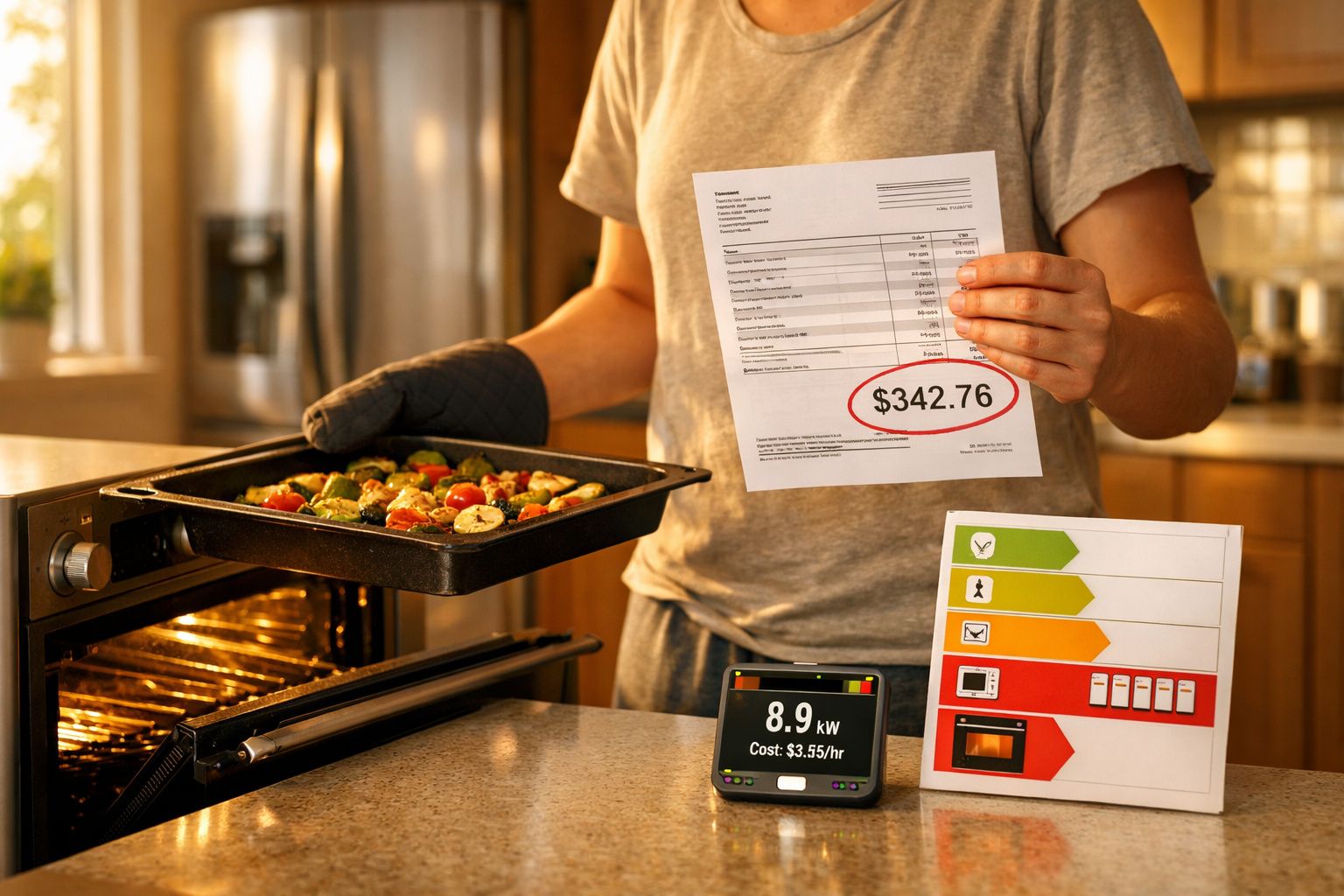 Pessoa a retirar tabuleiro de legumes do forno e a mostrar fatura elevada de eletricidade, destacada em vermelho.