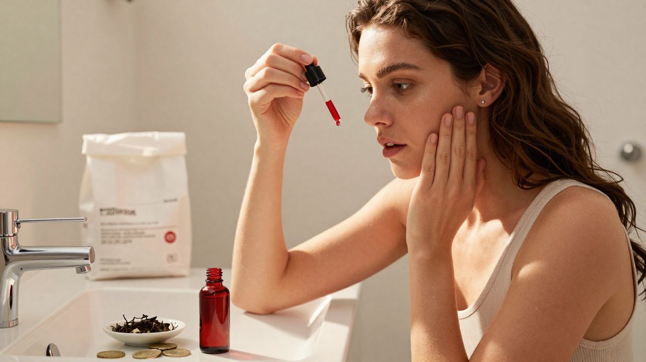 Mulher aplica sérum facial com conta-gotas numa casa de banho iluminada, concentrada no cuidado da pele.