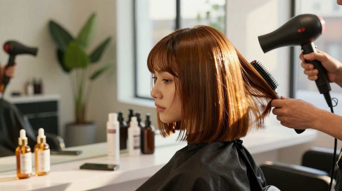 Mulher com cabelo curto castanho a ser seca com secador e escova num cabeleireiro moderno.