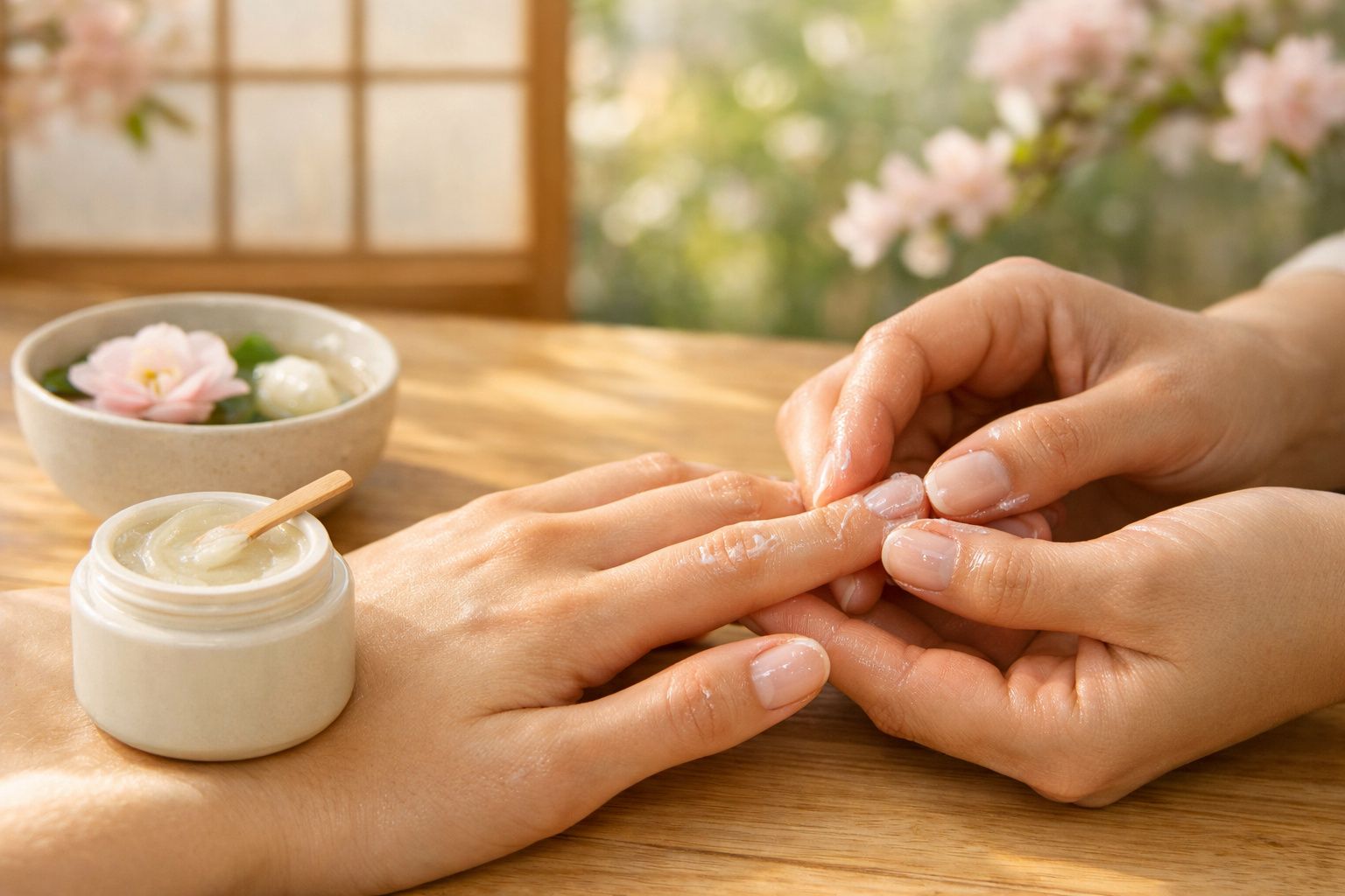 Tratamento de manicure com creme hidratante aplicado num dedo, num ambiente relaxante com flores.