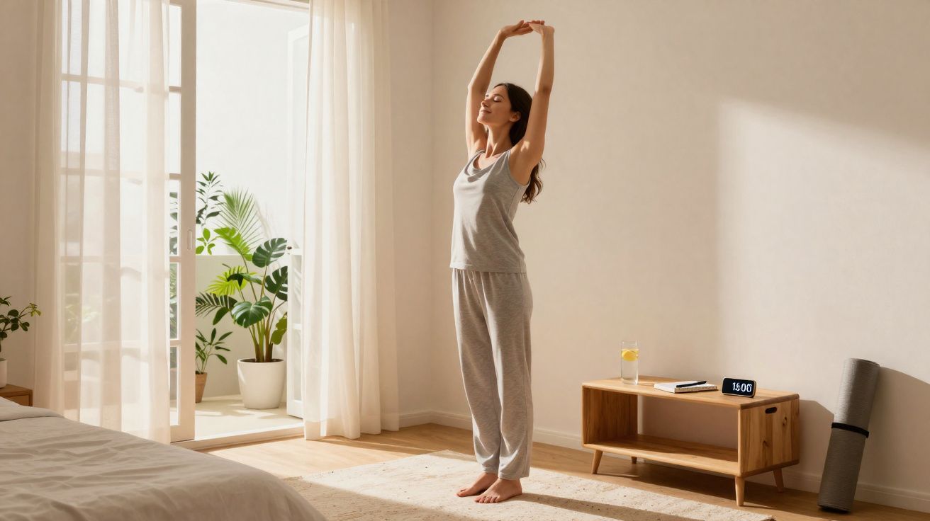 Mulher a alongar-se numa sala de estar luminosa com plantas, roupa confortável e relógio digital.