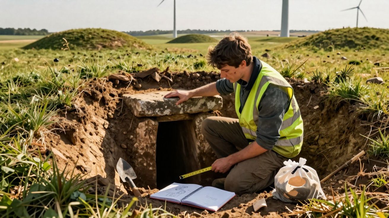 Arqueólogo com colete refletor examina entrada de túmulo antigo num campo com turbinas eólicas.