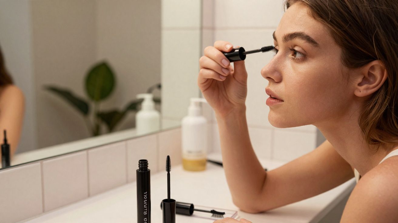 Mulher a aplicar rímel nos cílios junto a um espelho numa casa de banho.