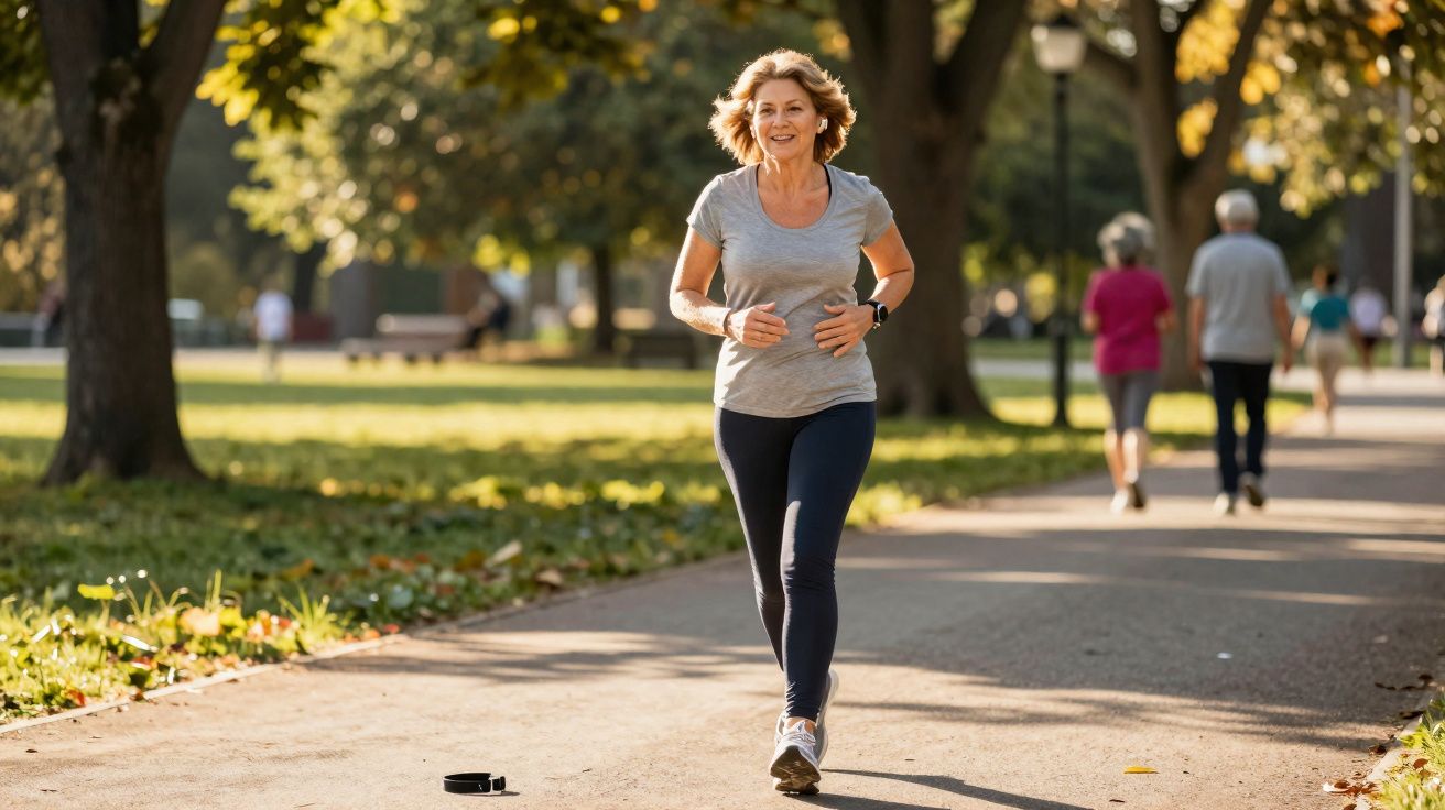 Mulher sorridente a correr num parque ensolarado, com pessoas a passear ao fundo.