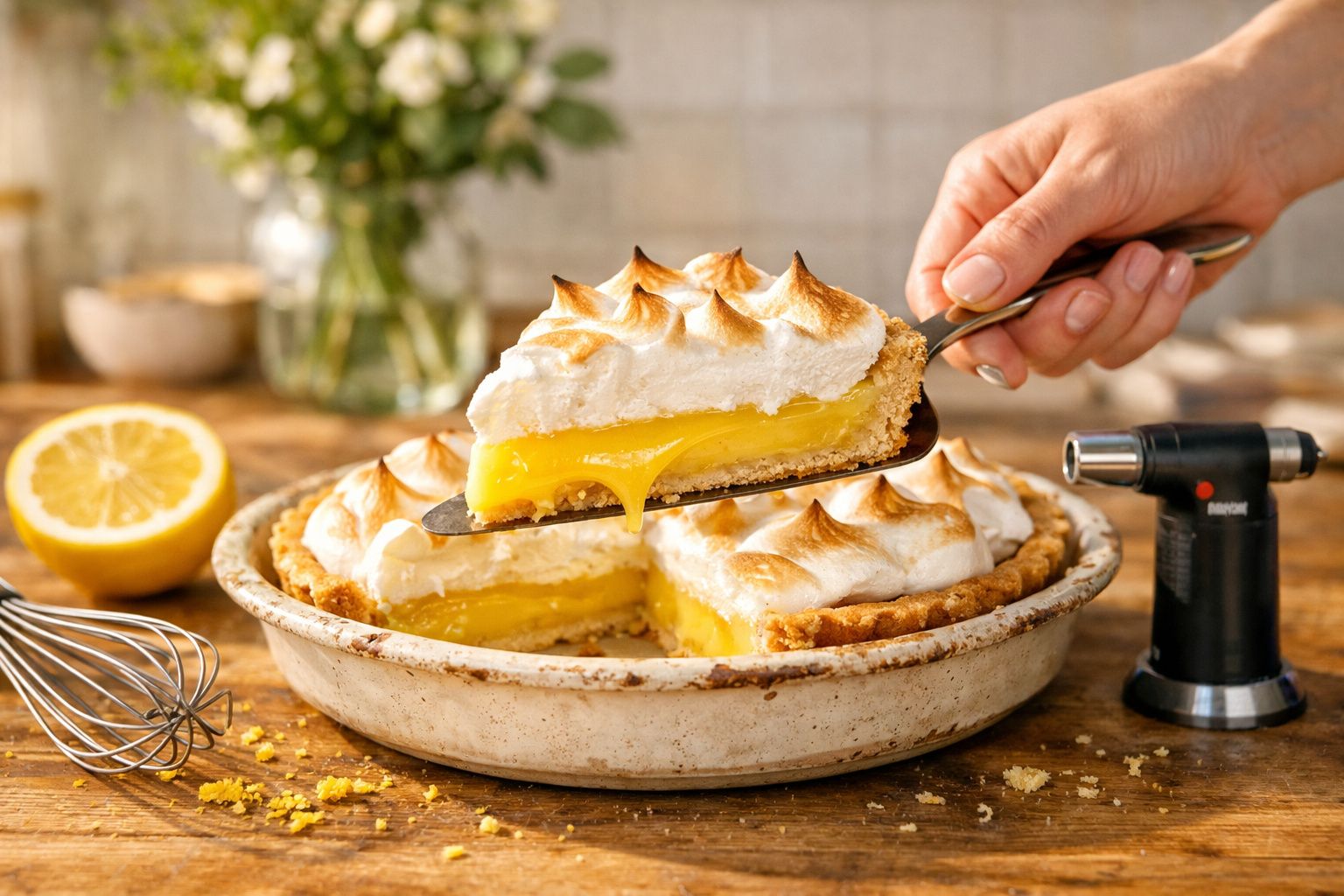 Fatia de tarte de limão com merengue dourado a ser servida, com limão cortado e utensílios na mesa.
