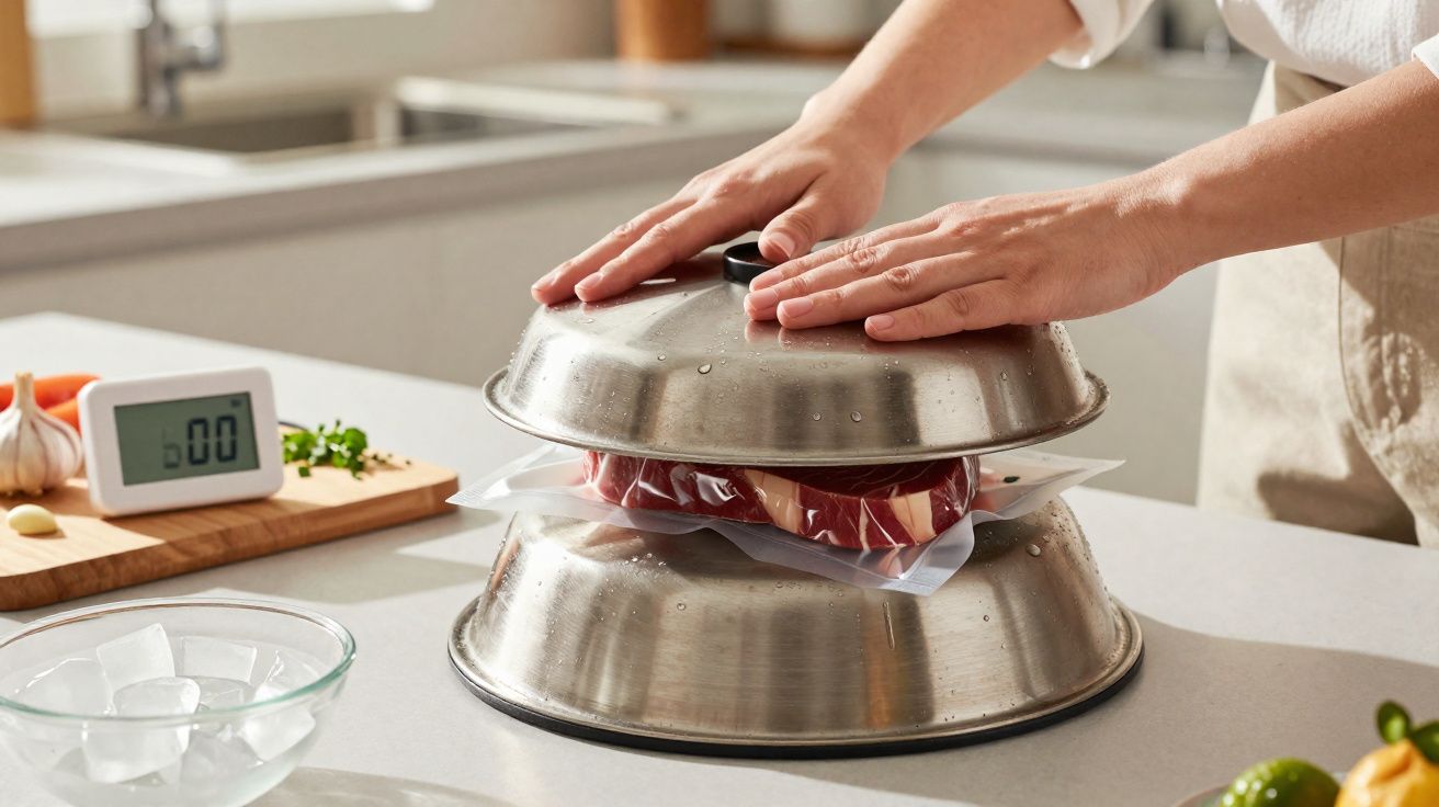 Mãos a prensar carne entre pratos metálicos para duração no frigorífico, com temporizador digital na bancada.
