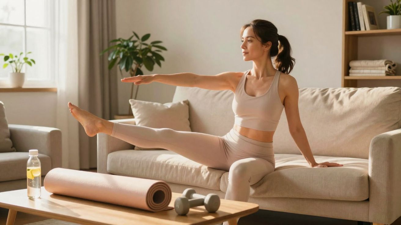 Mulher a praticar exercícios de alongamento sentada no sofá numa sala iluminada e confortável.