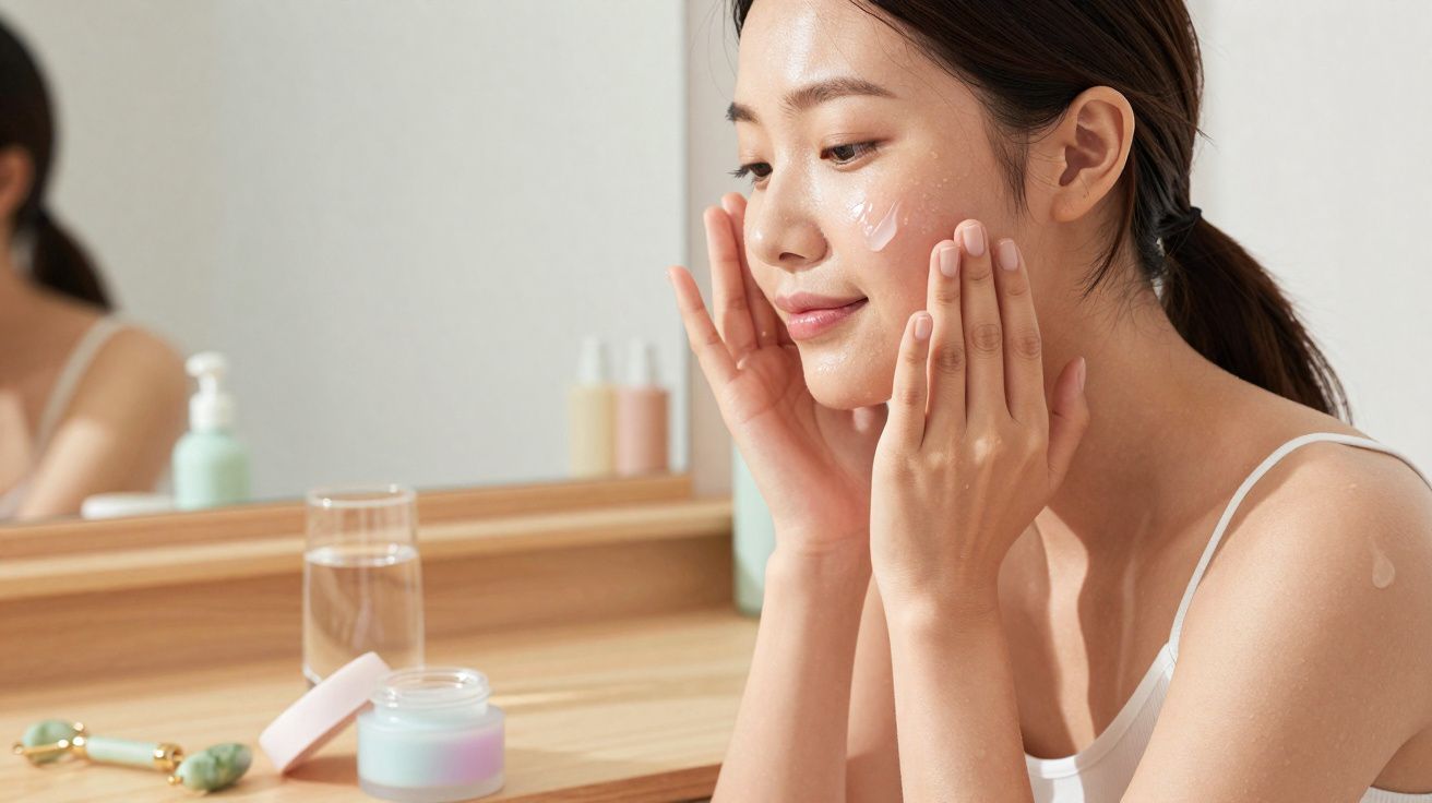 Mulher a aplicar creme hidratante no rosto sentada à frente de uma secretária com espelho.