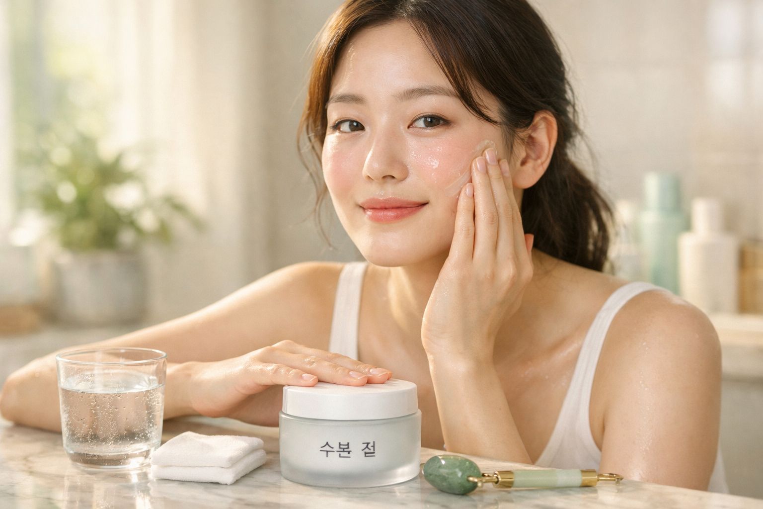 Mulher a aplicar creme hidratante no rosto, sentada à mesa com jarro de vidro e toalha branca.