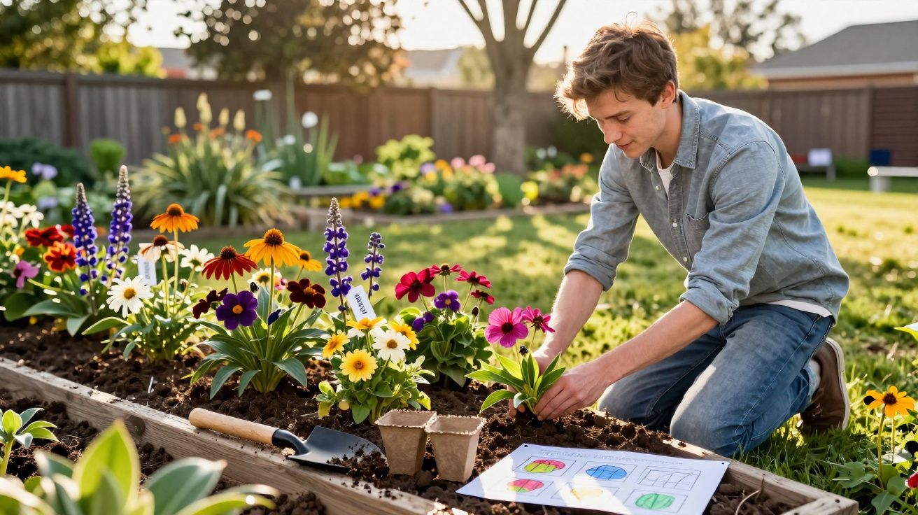 Jovem a plantar flores coloridas num canteiro num jardim ensolarado durante a tarde.