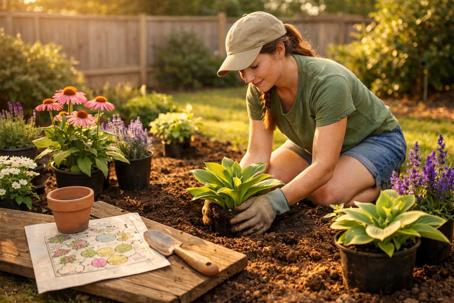 Mulher com boné e luvas transplantando planta num jardim ao ar livre, rodeada de flores e ferramentas de jardinagem.