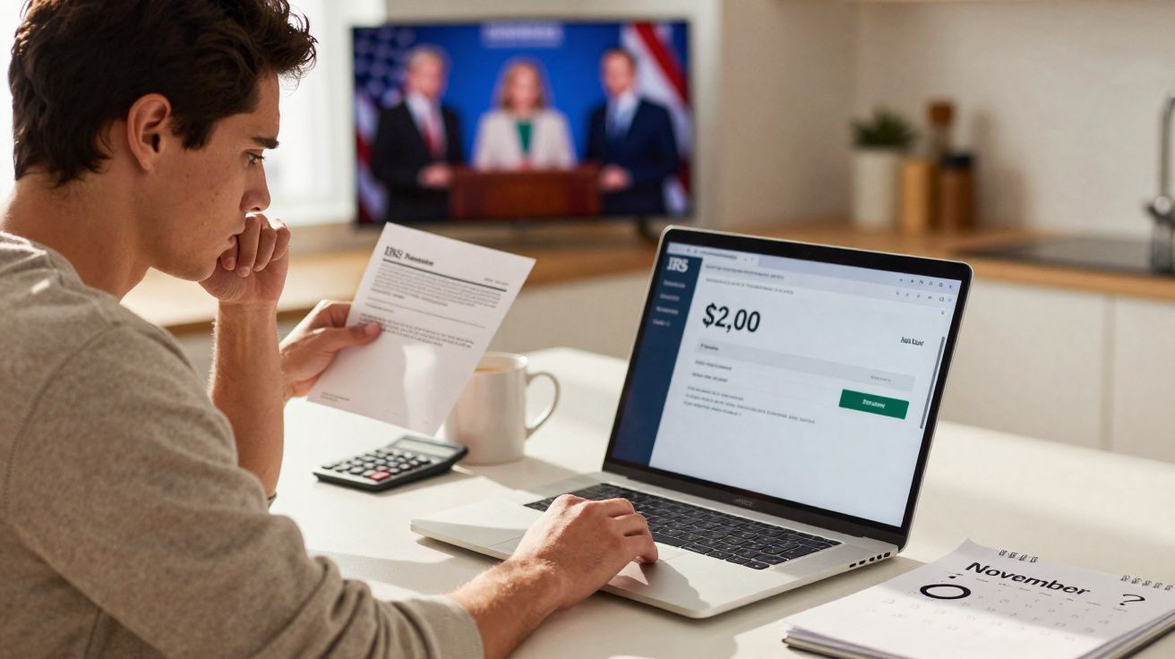 Homem sentado a analisar documento e pagar fatura online no computador portátil numa cozinha.