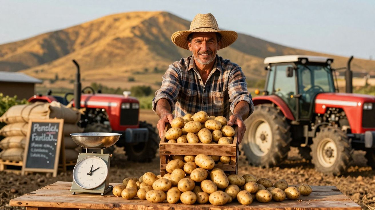 Agricultor sorridente com chapéu de palha mostra batatas num campo com tratores ao fundo.