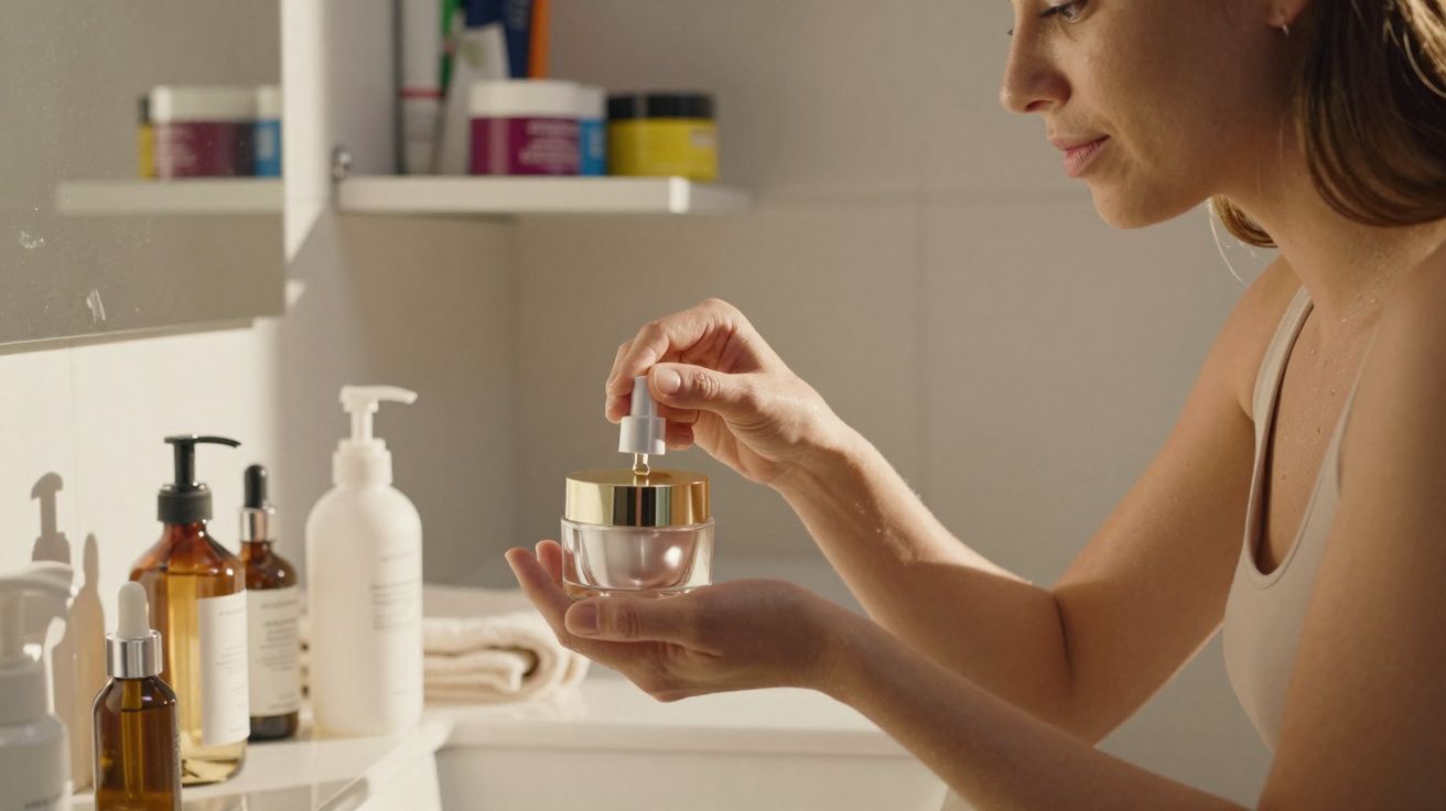 Mulher em casa a retirar creme de um frasco em ambiente de casa de banho iluminado natural.