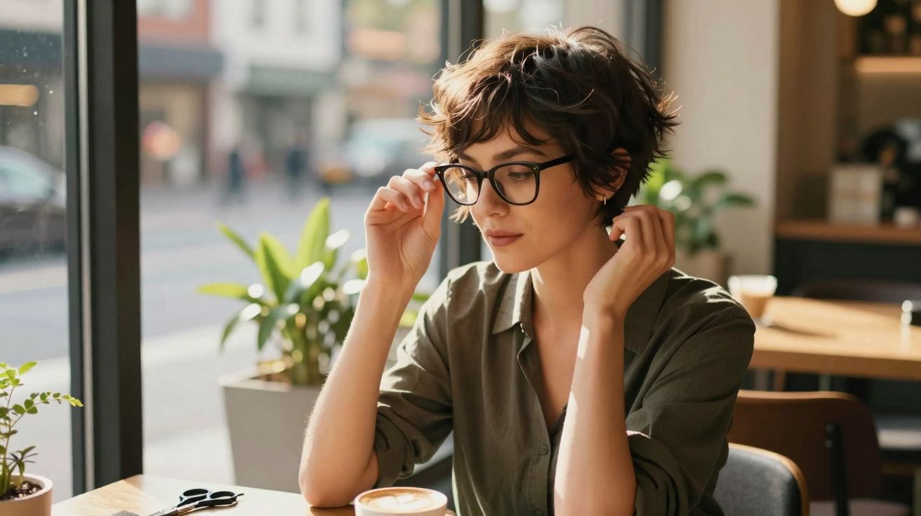 Mulher com cabelo curto e óculos a ajustar armação sentada numa mesa de café com chávena à frente.