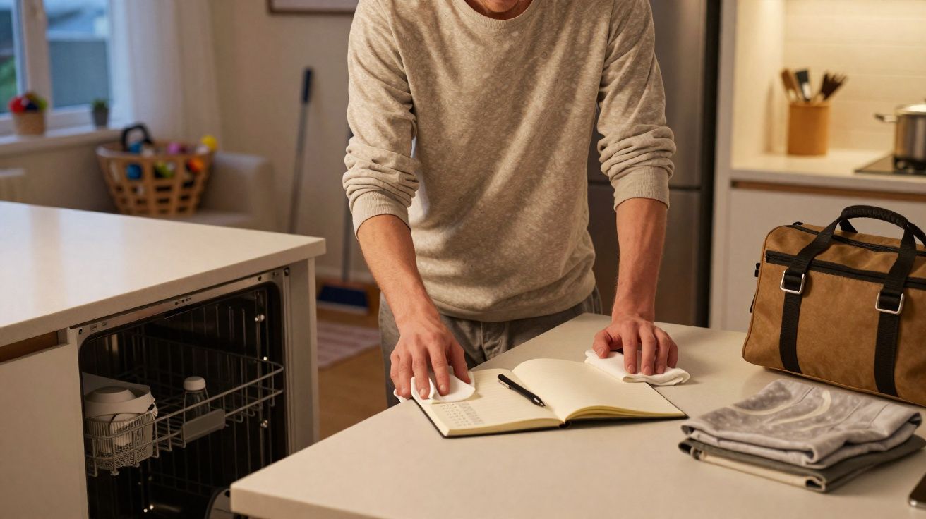 Pessoa a estudar numa cozinha, com livro aberto e caneta sobre a bancada, ao lado de mochila e toalhas dobradas.