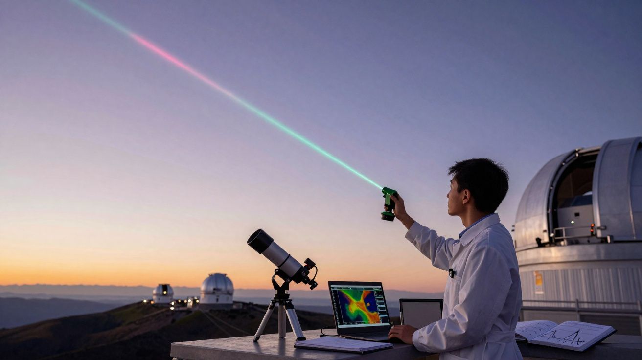 Cientista usa laser verde para apontar para o céu ao lado de telescópio e computador num observatório ao pôr do sol.