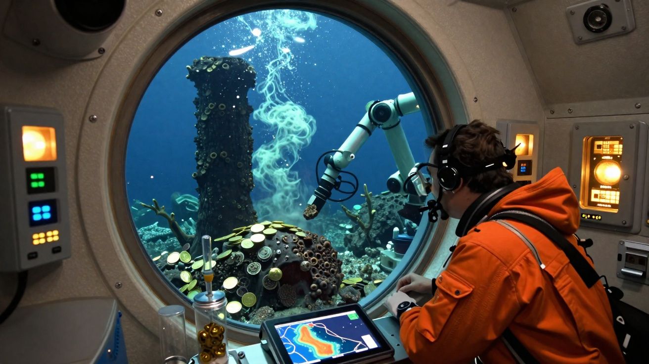 Pessoa dentro de submarino observa estrutura marinha antiga cheia de moedas através de escotilha redonda.