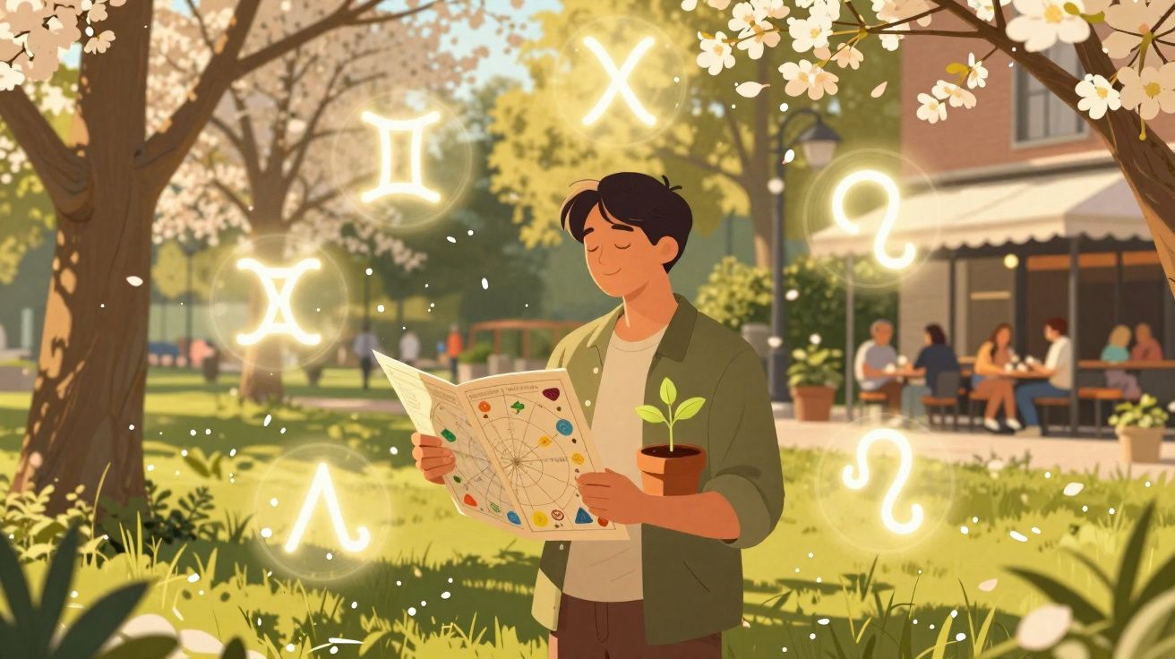 Homem a ler mapa astrológico ao ar livre, com símbolos do zodíaco e flores ao redor.