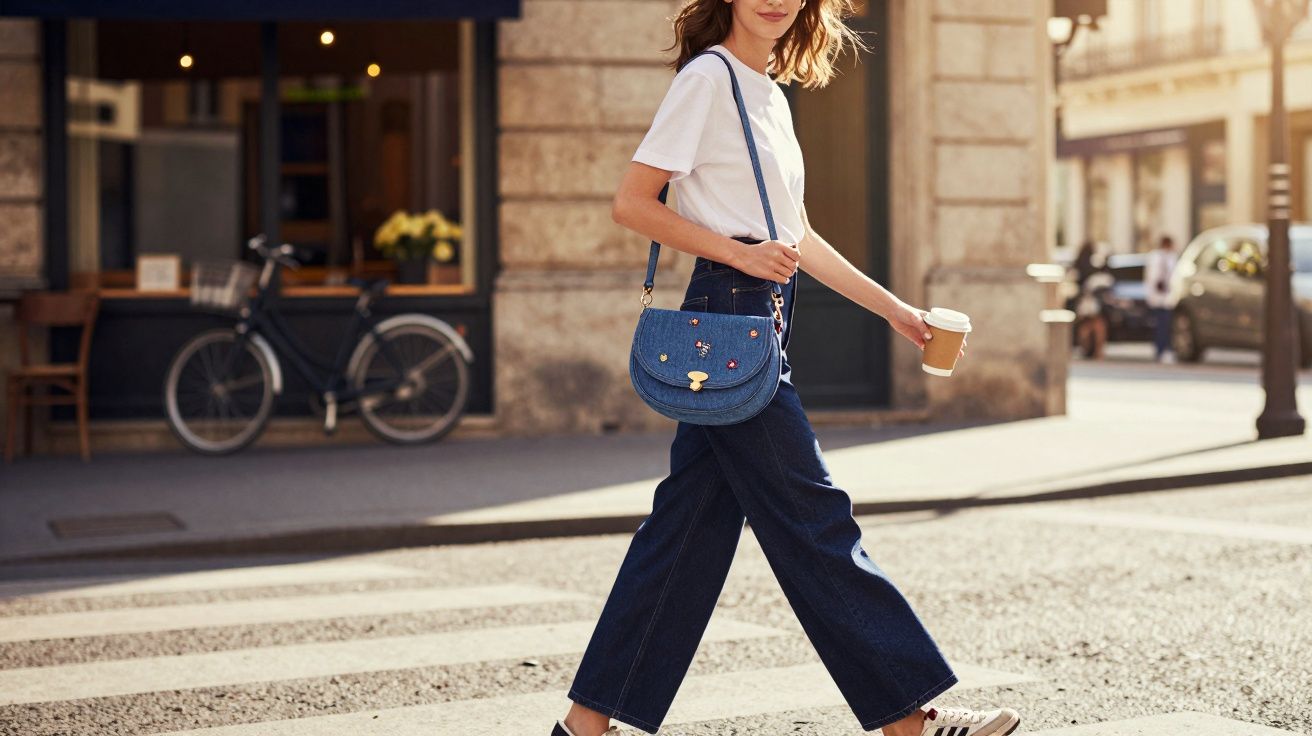 Mulher jovem a atravessar a rua com roupa casual, bolsa azul e a segurar um café para levar.