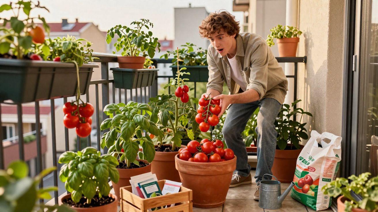Jovem num varandas a colher tomates maduros de vasos com plantas aromáticas ao pôr do sol.