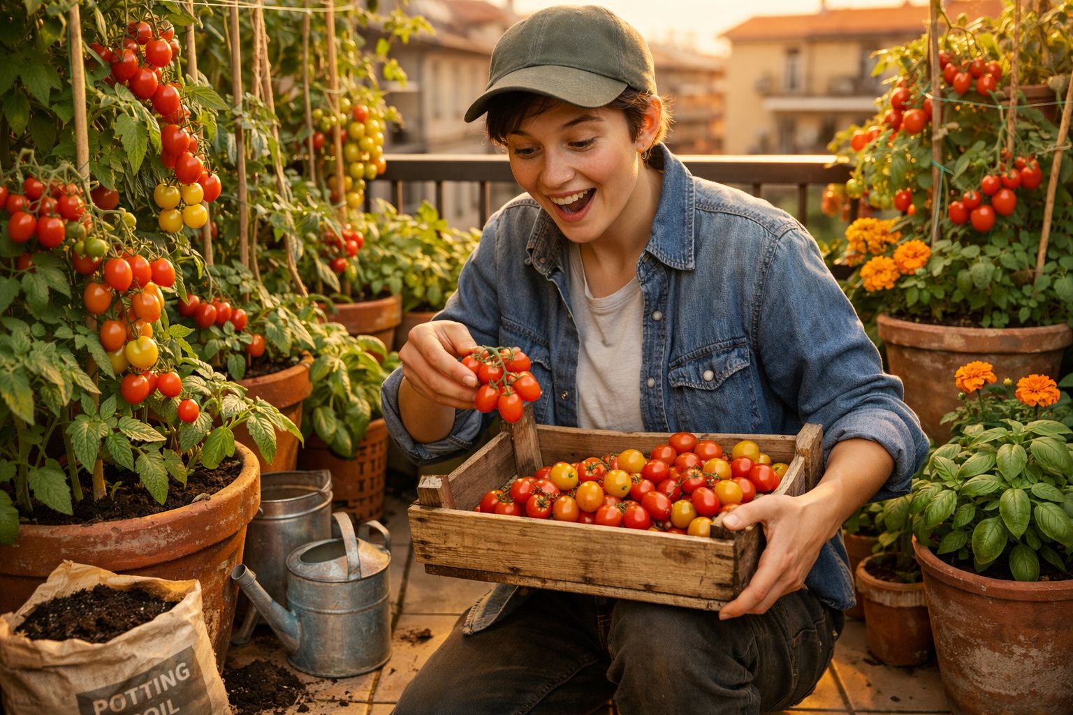 Pessoa sorridente segura caixa de madeira com tomates-cereja num jardim com plantas em vasos.
