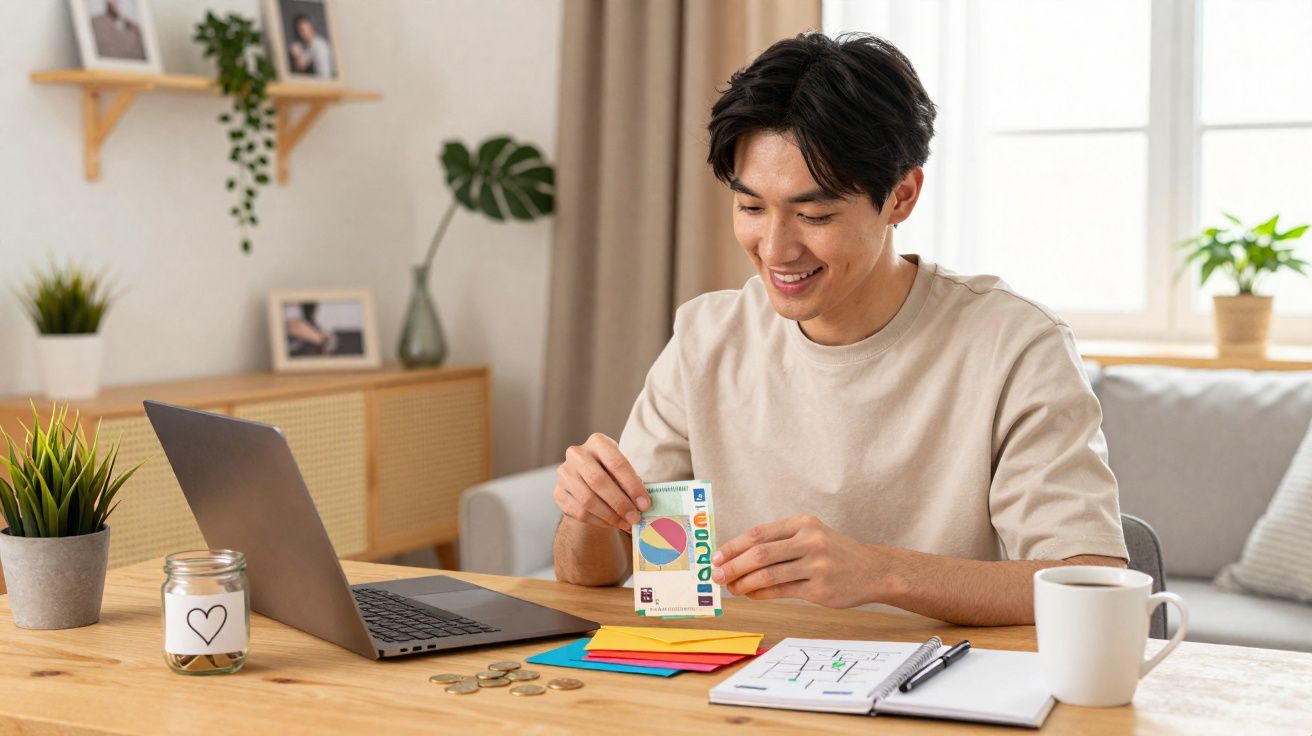 Jovem sentado à mesa em casa, a analisar gráficos coloridos e a usar um computador portátil.