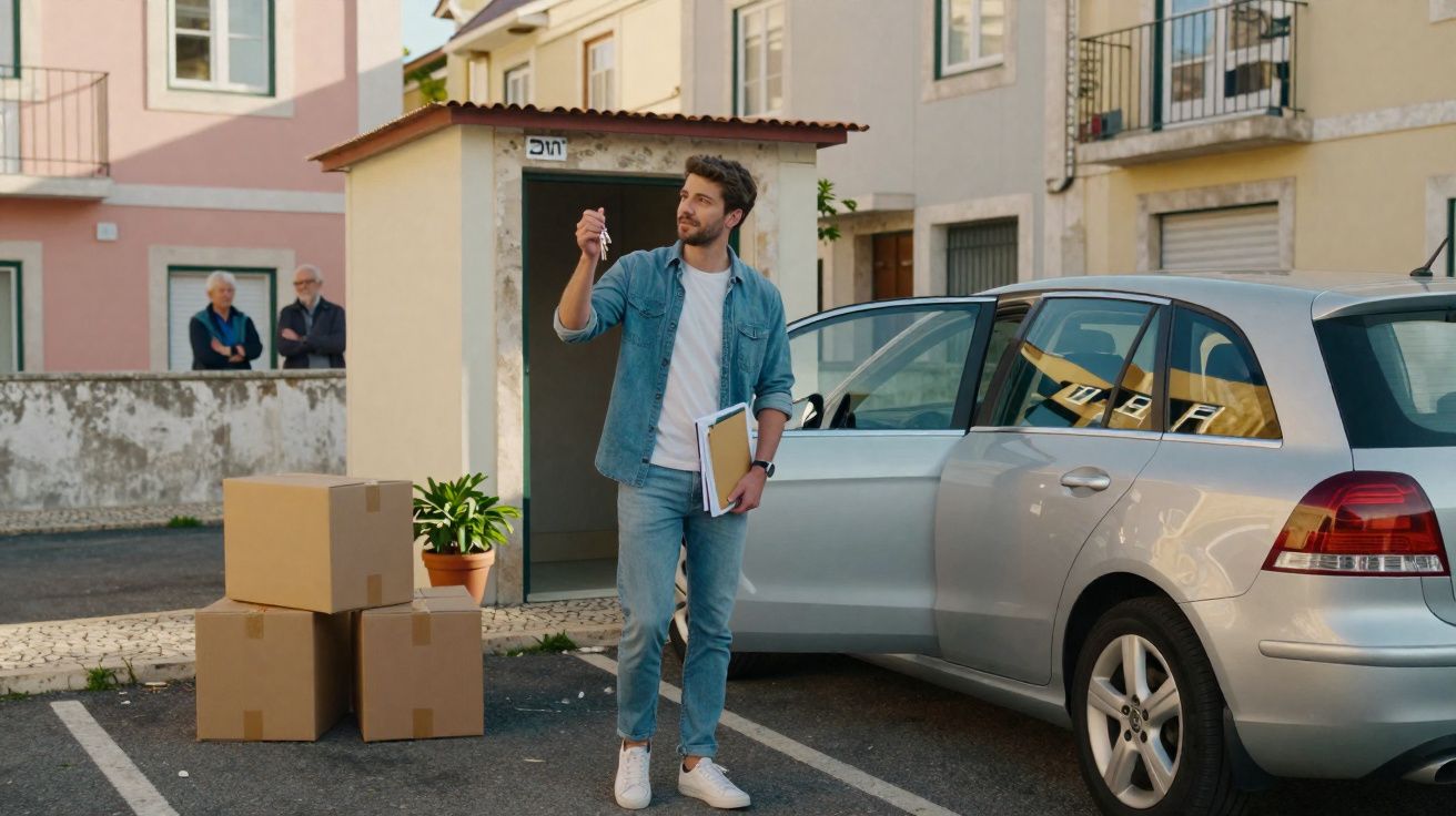 Homem com chave e cadernos ao lado de carro prateado, caixas de papelão e edifícios ao fundo.