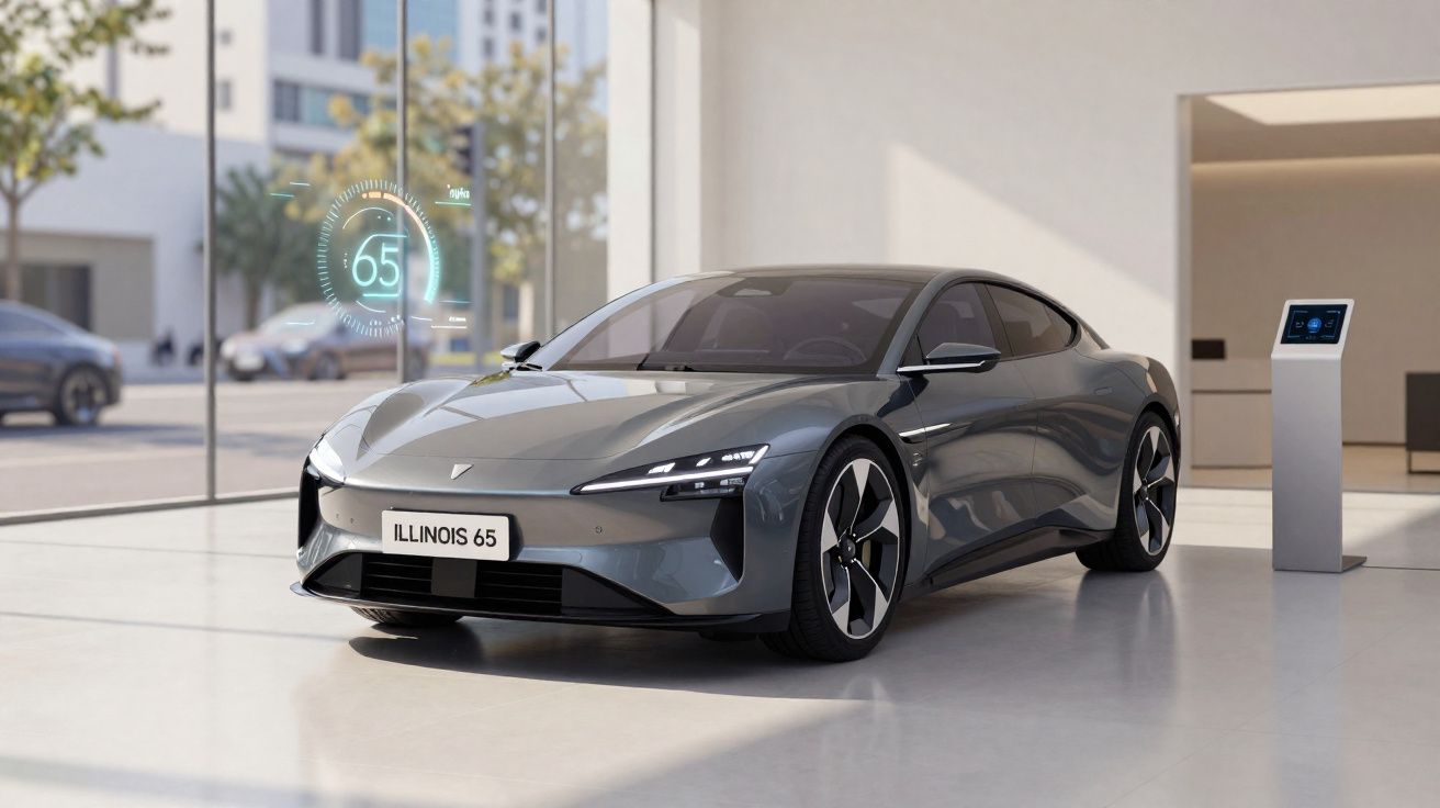 Carro elétrico cinzento moderno em exposição numa sala com janelas amplas e holograma de velocidade 65 mph.