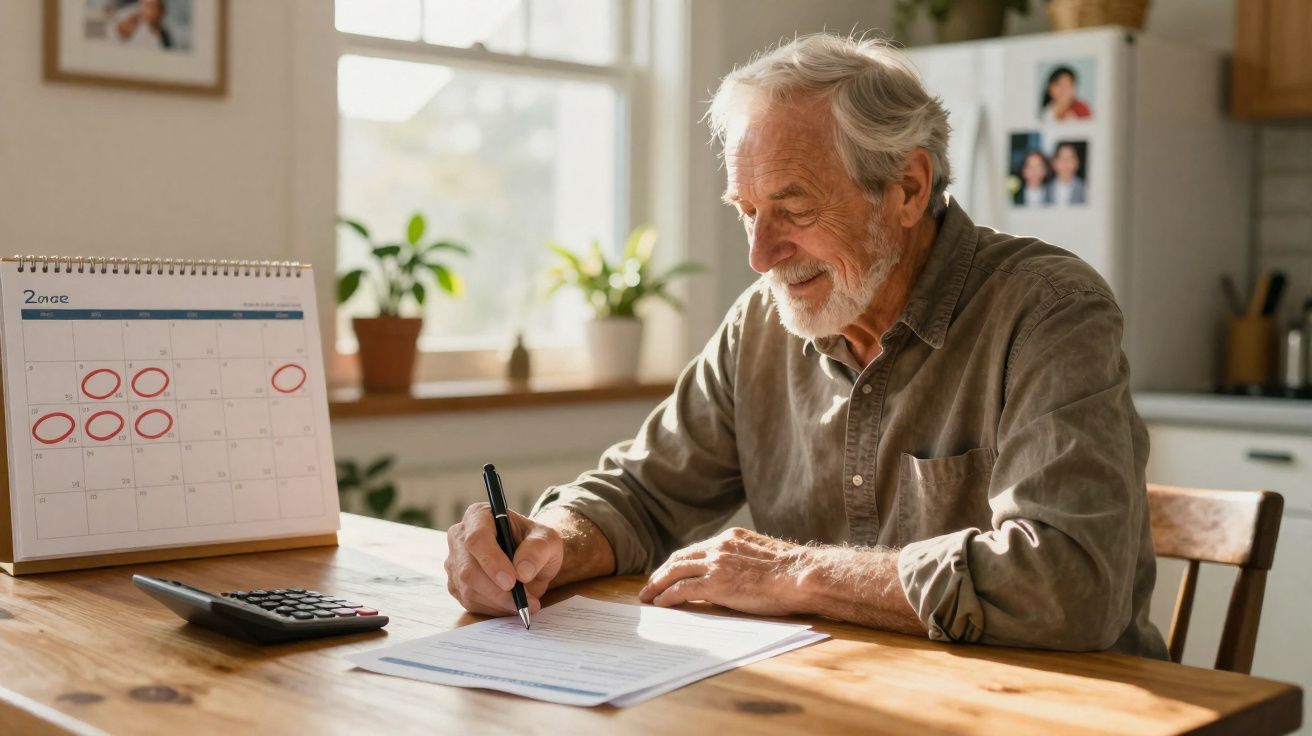 Idoso sorridente a preencher documentos numa mesa de madeira com calendário e calculadora.
