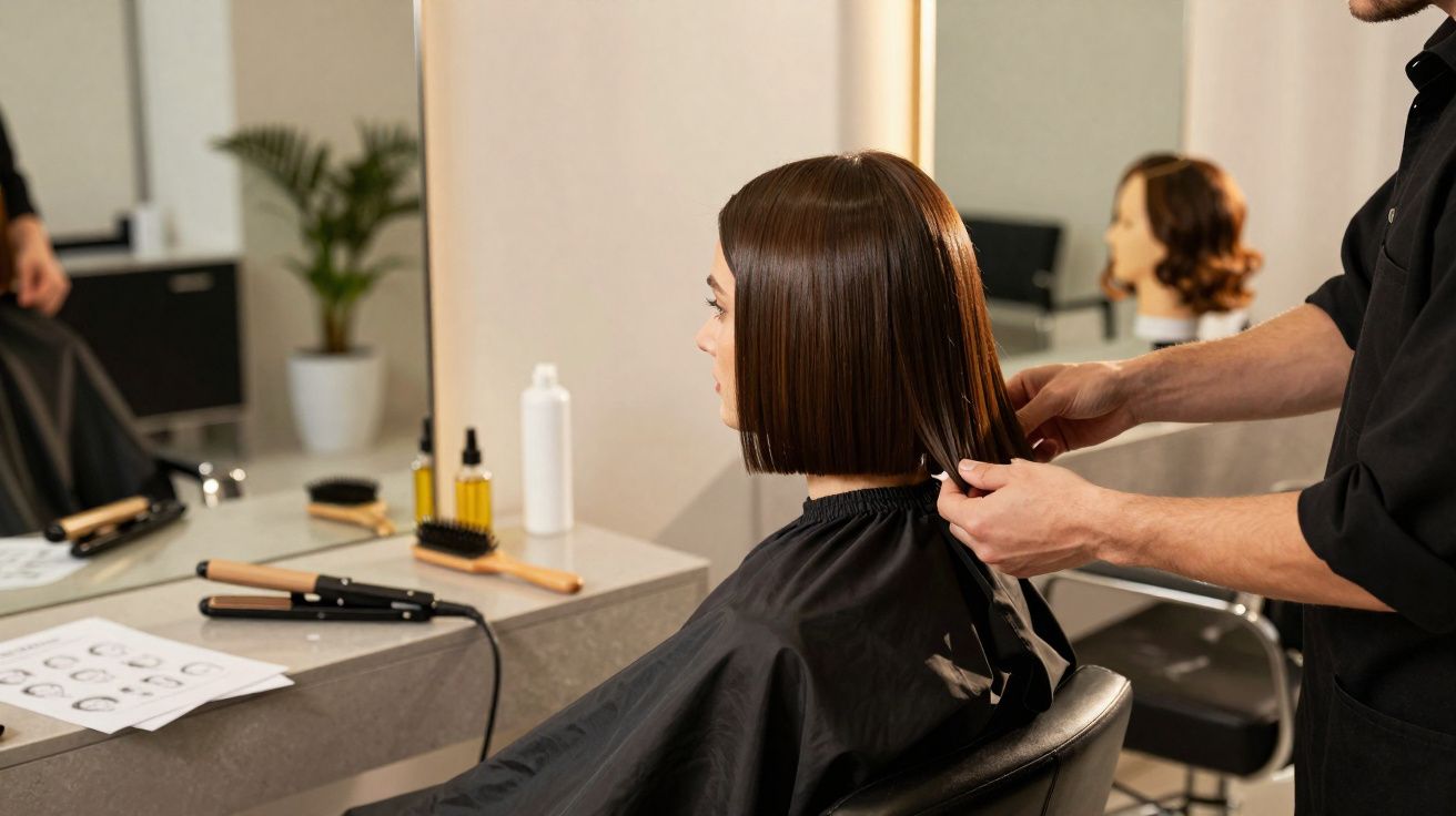 Cabeleireiro a cortar cabelo de mulher com corte recto e liso num salão moderno e bem iluminado.