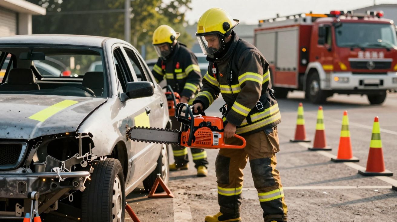 Bombeiros em equipamento a usar motosserra para cortar carro danificado em acidente com camião de bombeiros ao fundo.