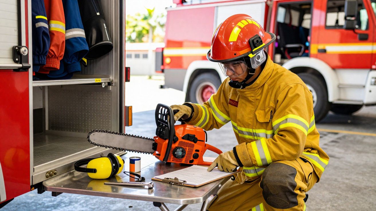 Bombeiro com capacete laranja e equipamento de proteção manuseia motosserra junto a viatura de emergência.