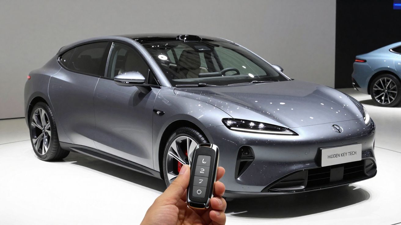 Carro elétrico cinza com design moderno e chave eletrónica à frente em exposição.