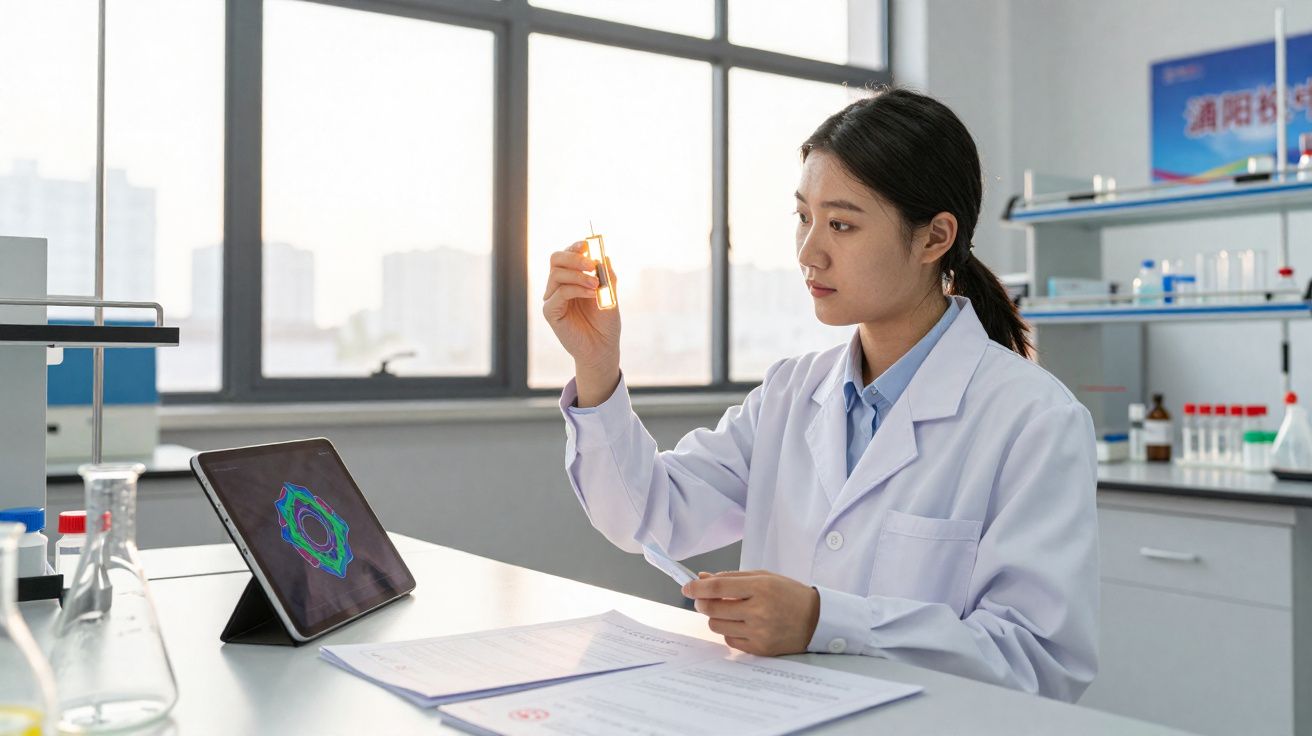Mulher cientista de bata branca analisa amostra em laboratório moderno com tablets e equipamento científico.