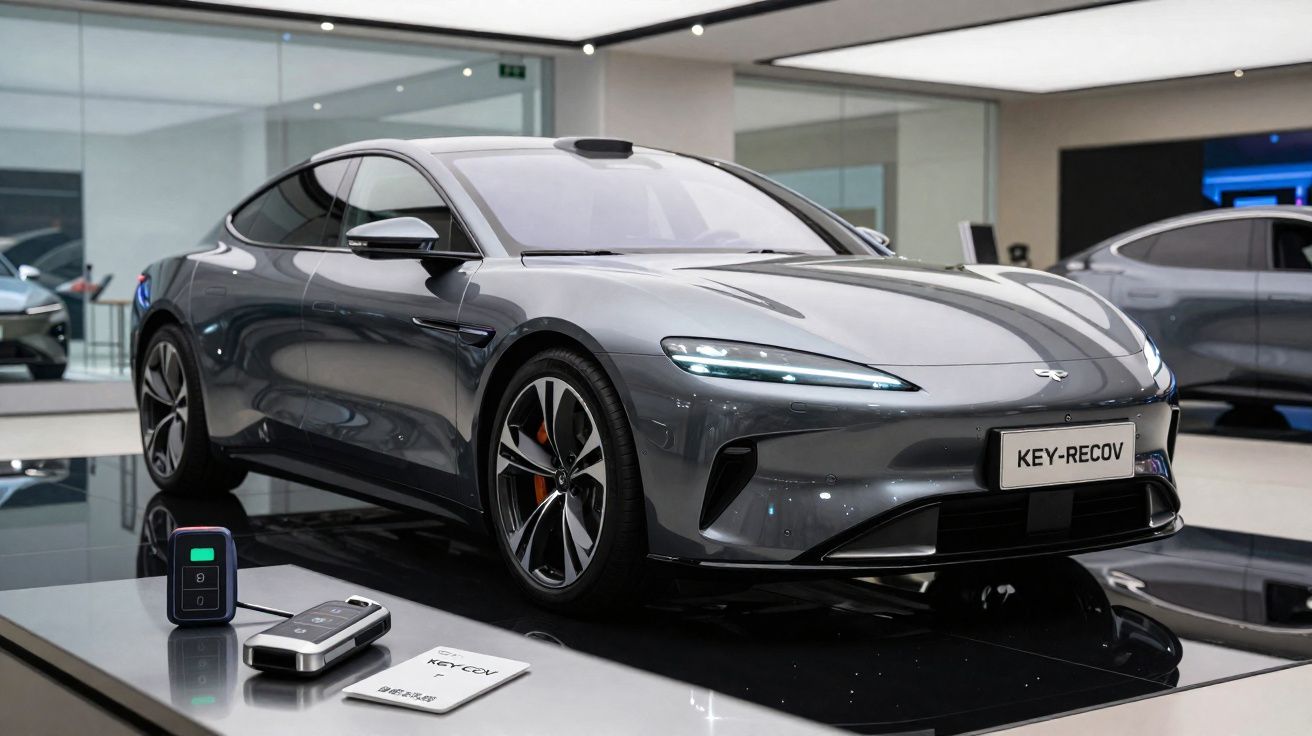 Carro elétrico cinza metálico em exposição, com luzes LED acesas e comando à esquerda.