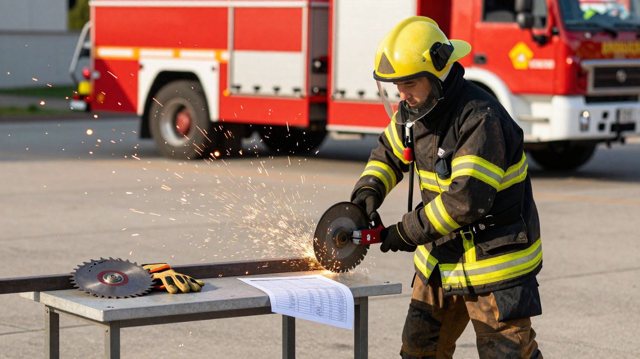 Bombeiro em fato de proteção a cortar metal com rebarbadora, com viatura de bombeiros ao fundo.