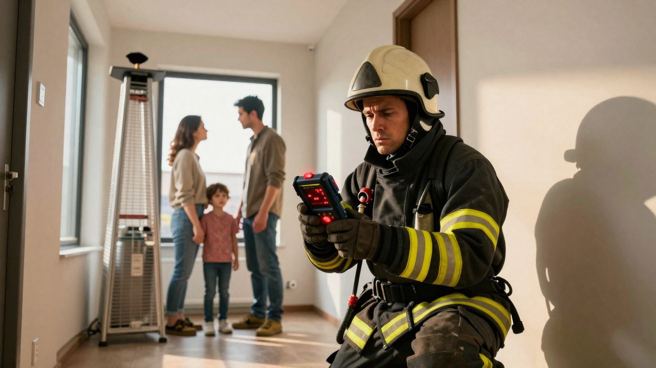 Bombeiro com equipamento a avaliar uma situação enquanto família observa em casa.