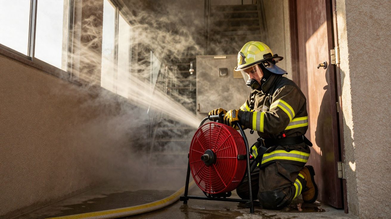 Bombeiro de farda completa e capacete amarelo a operar ventilador industrial em edifício com fumo.