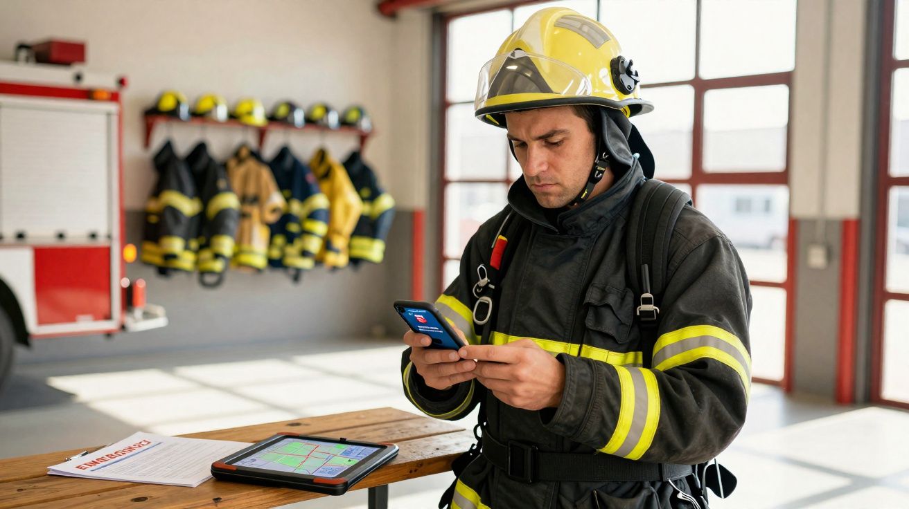 Bombeiro de uniforme completo com capacete amarelo consulta telemóvel numa garagem de bombeiros.