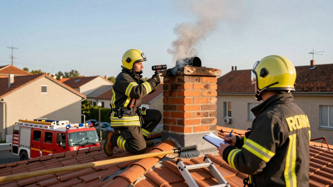 Dois bombeiros em capacetes amarelos inspecionam uma chaminé fumegante num telhado de telhas vermelhas.