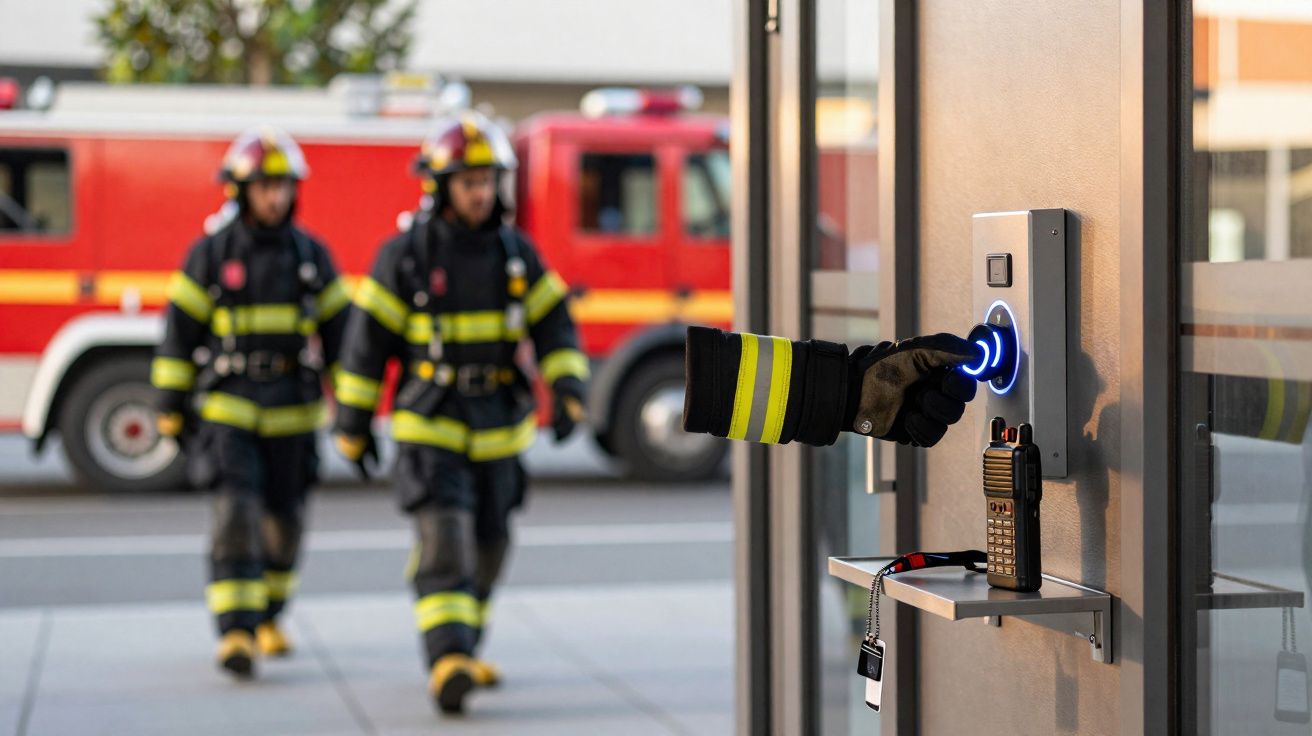 Mão de bombeiro a usar leitor biométrico para abrir porta, com dois bombeiros e camião de bombeiros ao fundo.