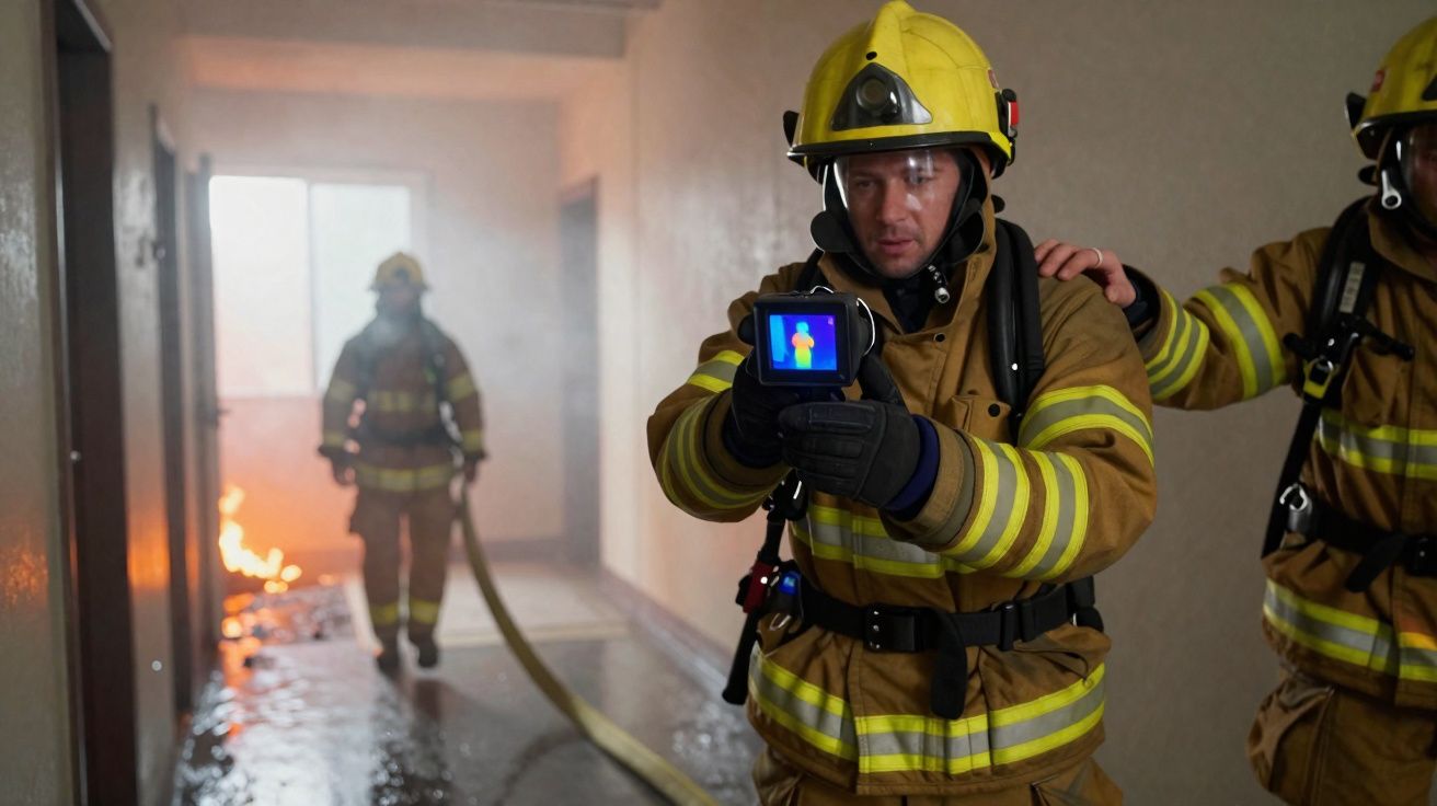 Bombeiros em corredores com fumo usam câmara térmica para localizar fogo em incêndio.