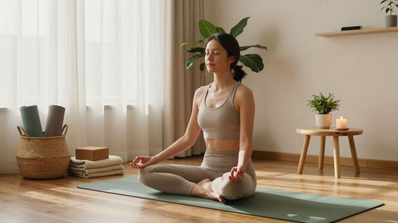 Mulher a meditar sentada em posição de lótus num tapete de yoga numa sala iluminada e serena.