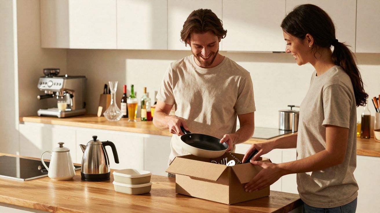 Casal jovem desempacota utensílios de cozinha numa cozinha moderna com balcão de madeira.