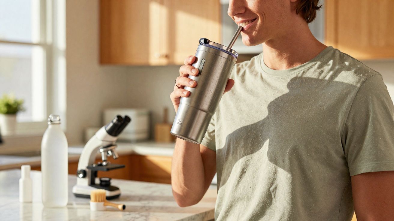 Homem a beber de um copo metálico com canudo numa cozinha luminosa, com microscópio ao fundo.