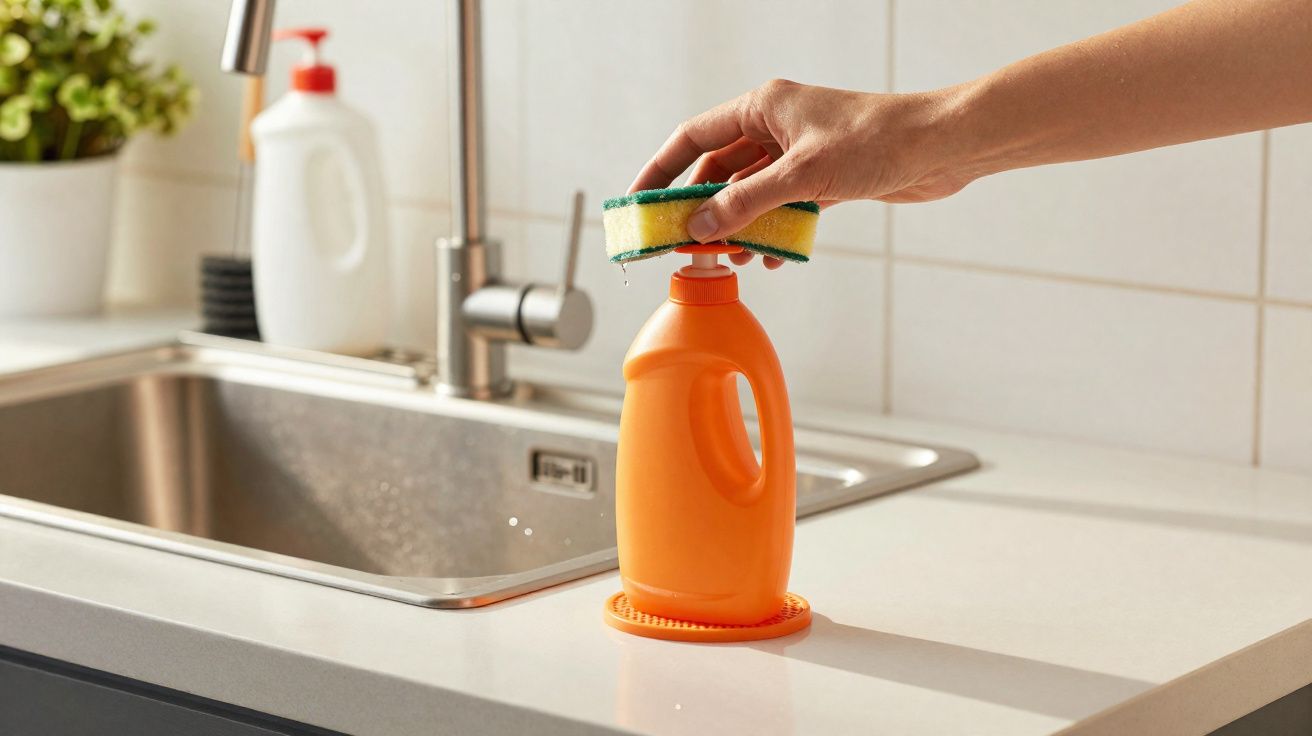 Mão a agarrar uma esponja junto a um dispenser laranja de detergente numa bancada de cozinha junto à pia.
