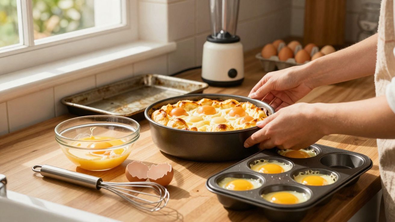 Mãos a retirar um bolo do forno numa cozinha com ovos e utensílios para cozinhar na bancada de madeira.